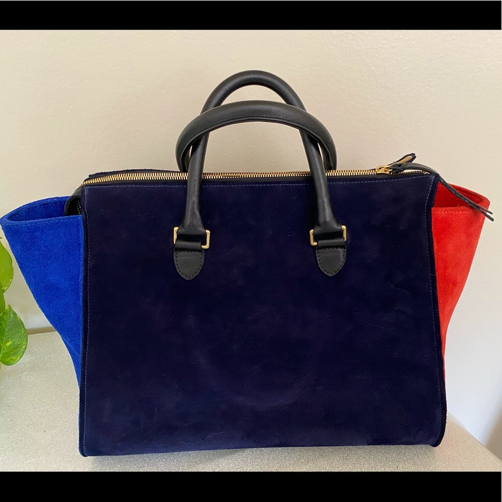 Clare V. Suede Colorblock Satchel Handbag like new condition Navy Blue & Red
